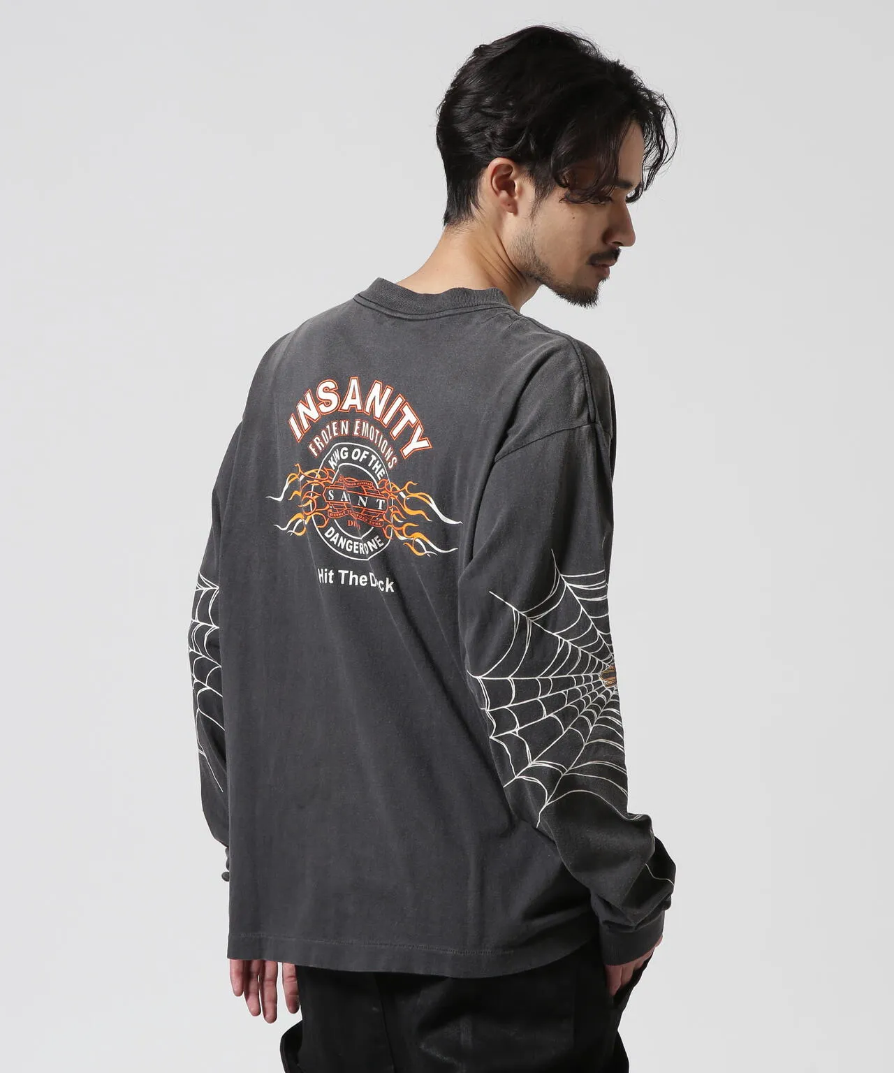 SAINT Mxxxxxx × TEFLON DISCO ML_LS TEE/INSANITY/BLK Spider Web INSANITY Distressed Long Sleeves Washed Black S-XL Ready-to-wear Assute dyeing Maliu water spray fading treatment Customized TEFLON DISCO co-branded accessories Hand-splashed ink Wormhole fraying treatment Authentic level printing process